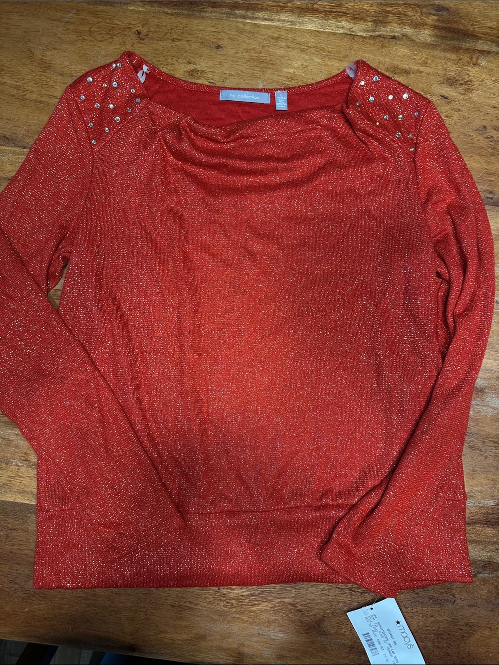 JM Collection Metallic Red Long Sleeve Top with Shoulder Studs